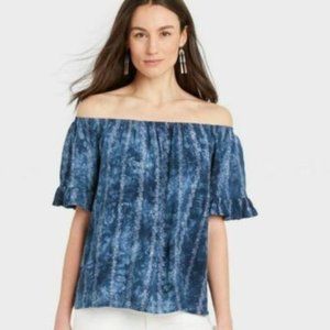 NEW Casual or Dress Blue Tie Dye Lined Eyelet On or Off the Shoulder Shirt